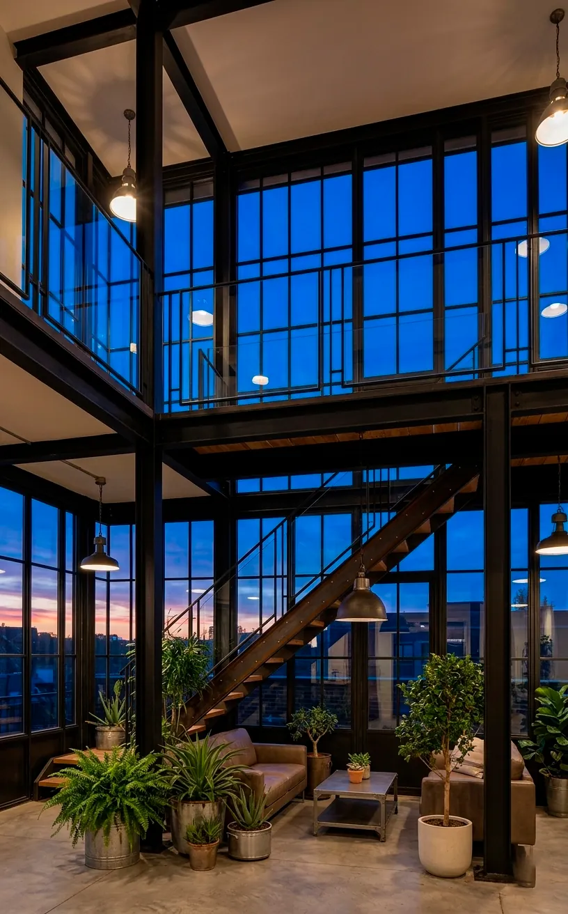 Two-level sunroom addition with black steel structure, glass railings, and mezzanine level.