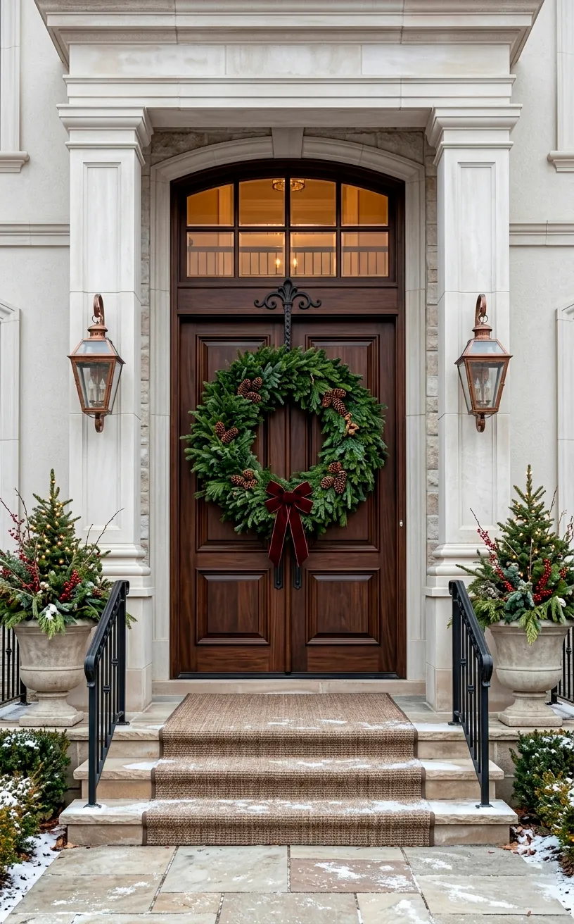 Large oversized evergreen wreath on double front doors, perfect scale decor.