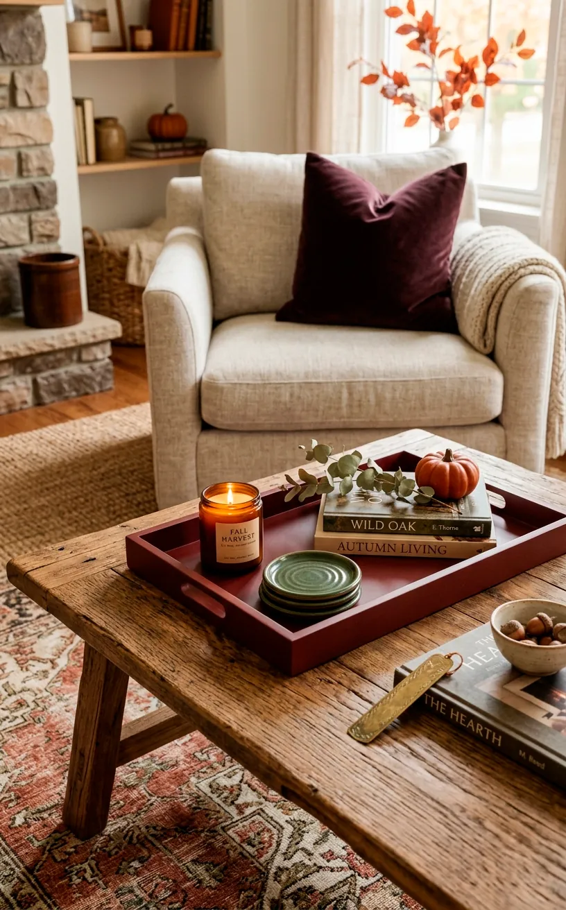 Coffee table with red serving tray, green coasters, and plum velvet cushion