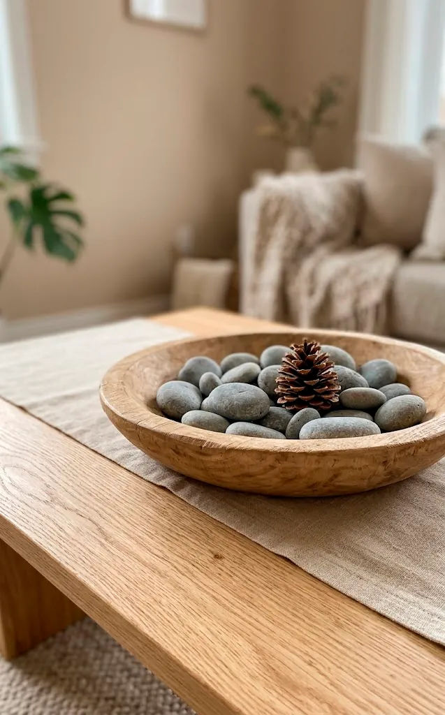 Hand-carved wooden bowl with river stones on a light oak coffee table.