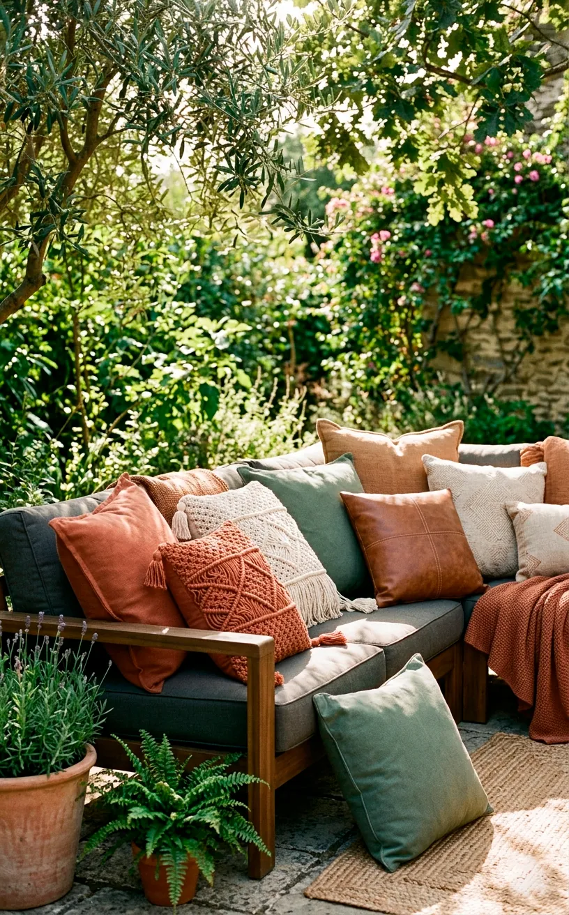 A variety of textured outdoor throw pillows layered on a plush patio sofa.
