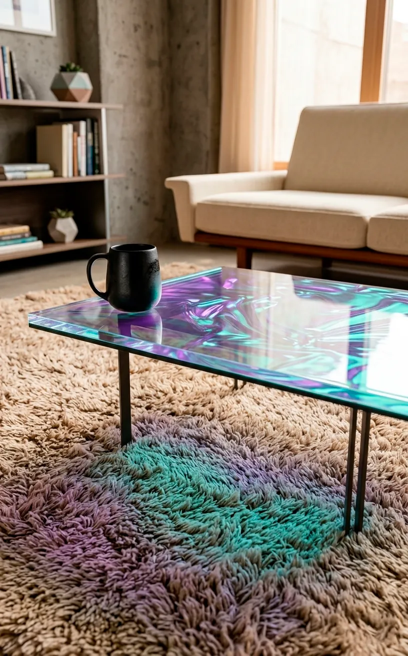 Modern coffee table with holographic glass top reflecting purple and teal light on a neutral rug.
