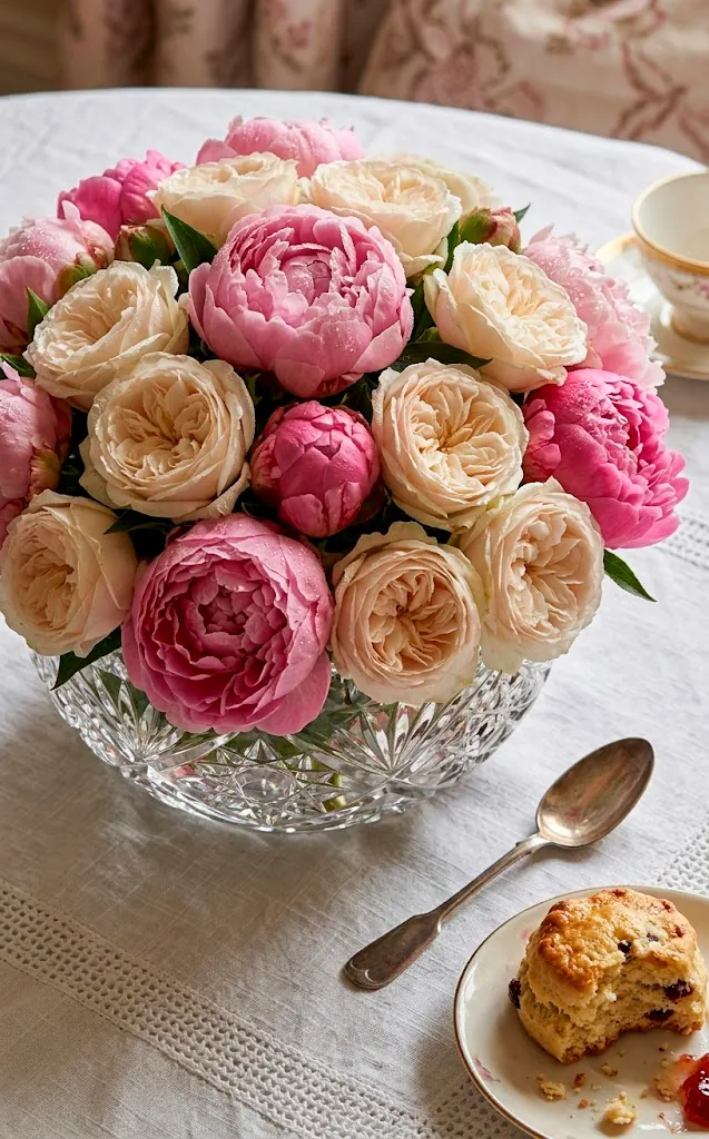 Close-up of pink peonies and white roses arranged in a crystal bowl on a linen tablecloth.
