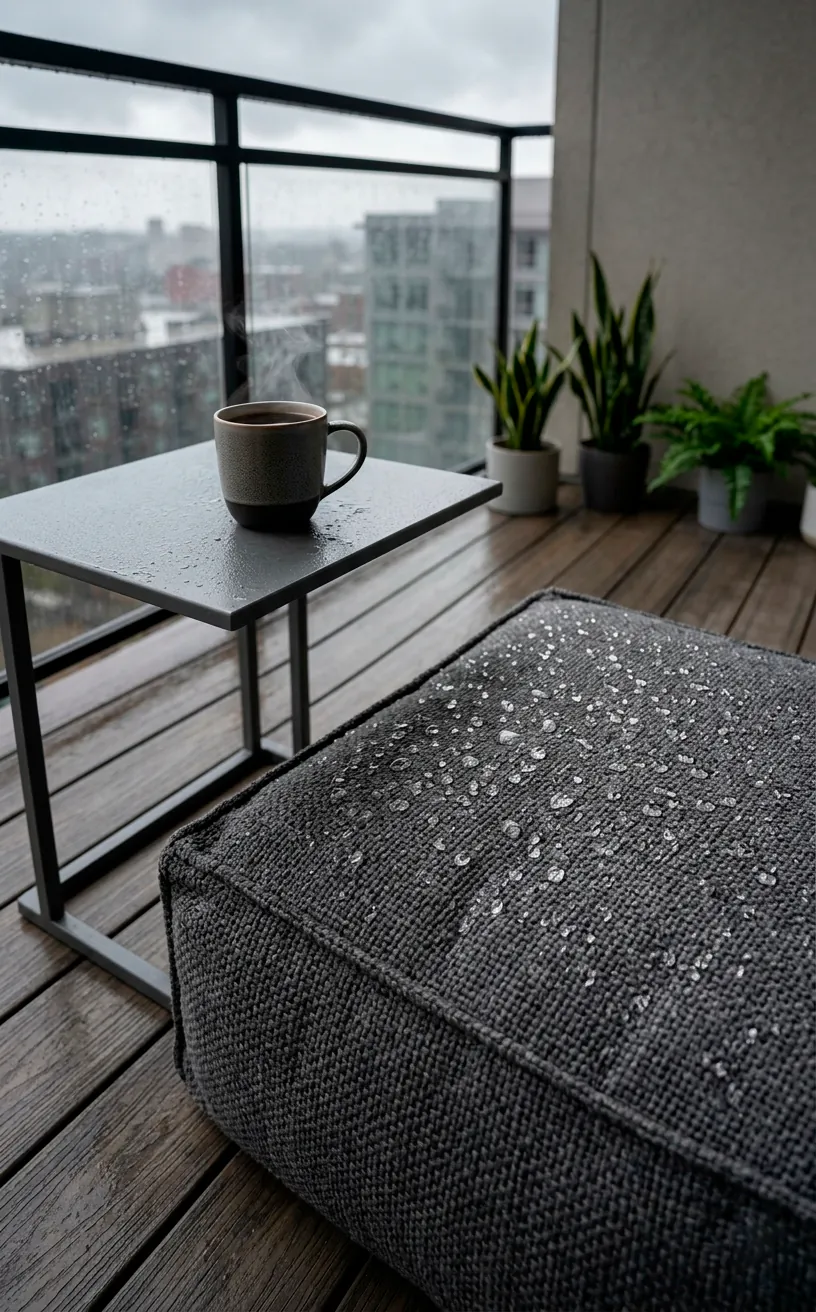 Water beads resting on a charcoal gray Olefin floor cushion on a modern balcony.