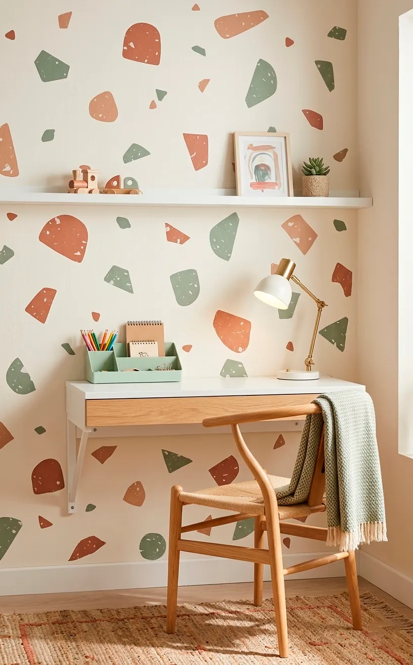 Modern kids desk area with earthy terracotta and sage green terrazzo pattern wall stickers.