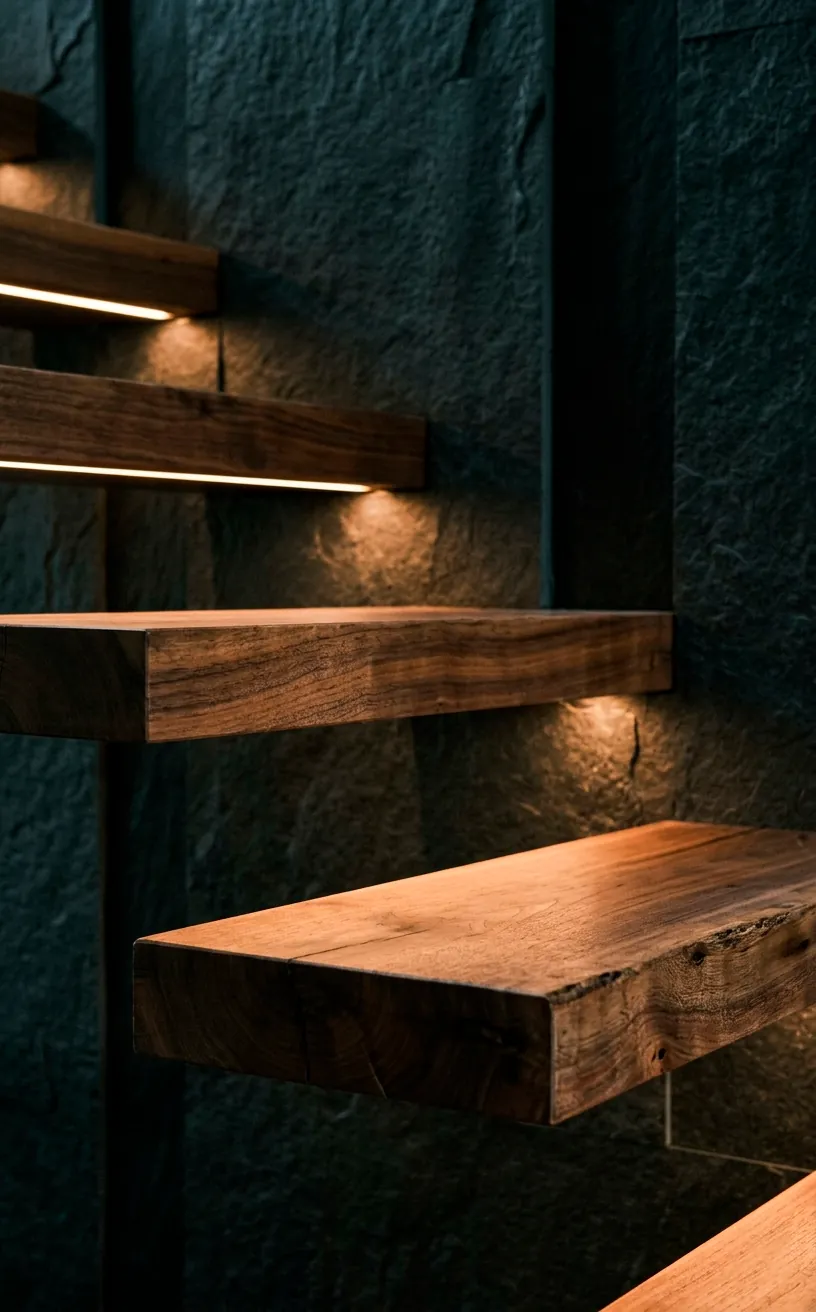 Close-up of walnut cantilevered floating stair treads with integrated LED lighting on a dark wall.