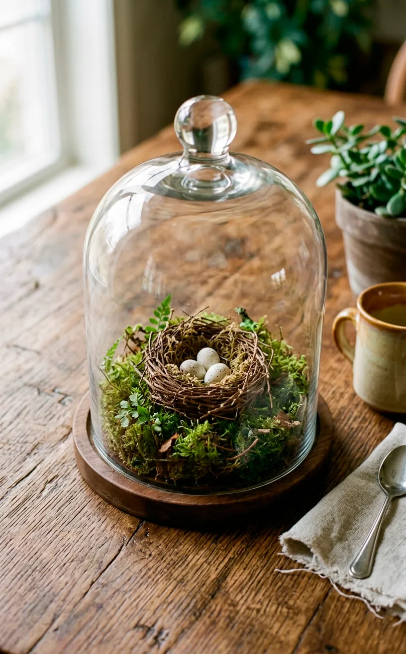 Glass cloche terrarium displaying a miniature bird nest and moss.