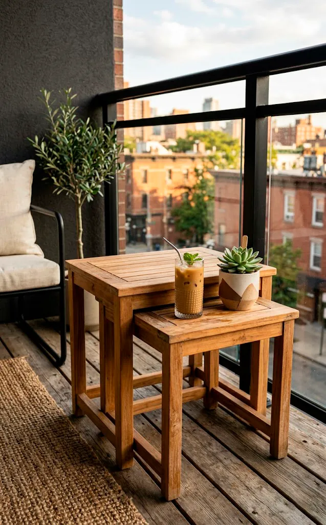 Elegant teak nesting tables arranged on a contemporary balcony with an iced coffee and a succulent.