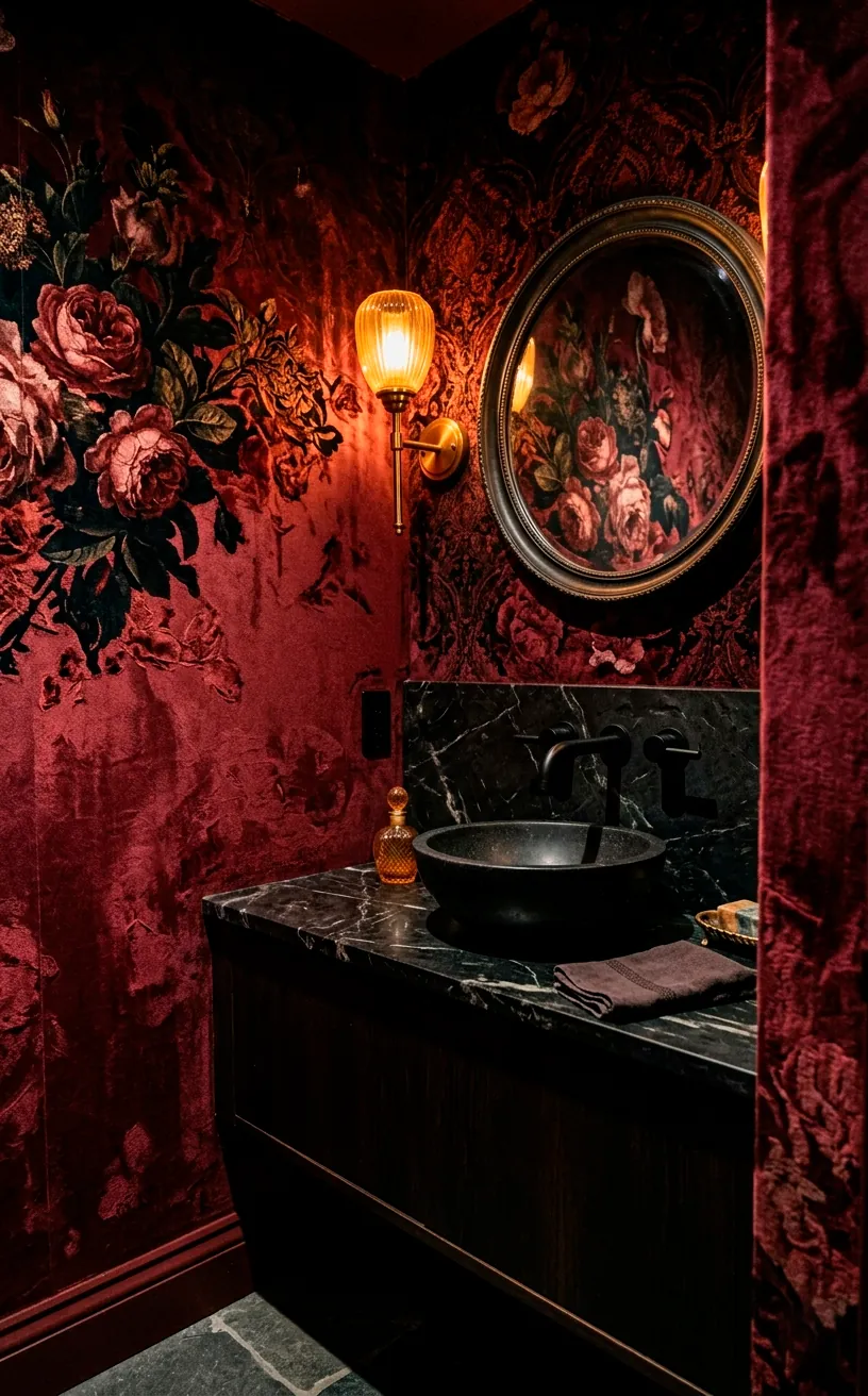 Moody powder room with deep crimson and black velvet rose wallpaper