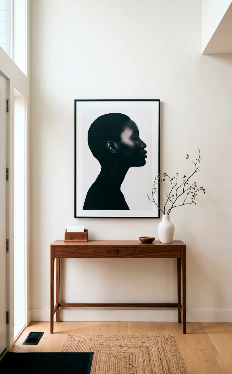 Minimalist black and white profile portrait above a wooden console table.