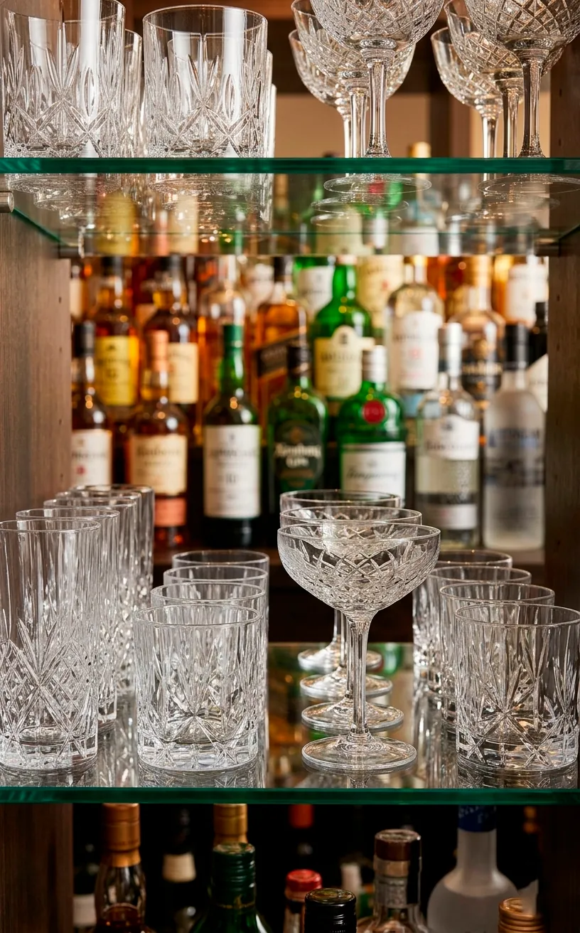 Close-up of elegant crystal glassware and coupes neatly arranged on a bar shelf.