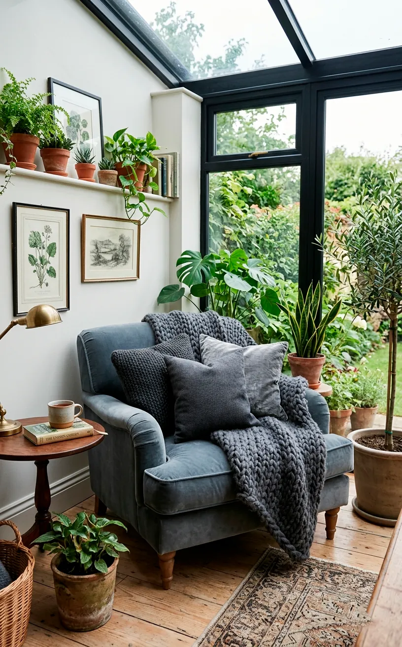Slate gray velvet armchair layered with chunky knit charcoal blankets and pillows.