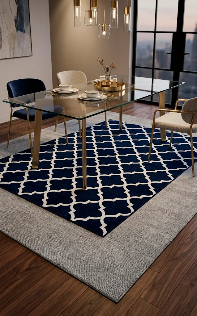 Navy geometric rug layered over a solid gray rug under a glass dining table.