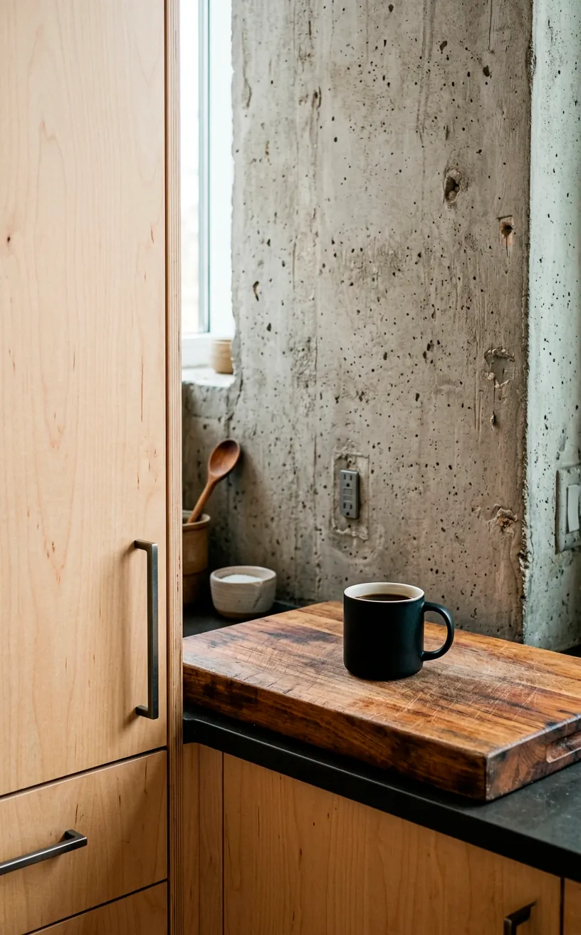 Pale birch kitchen cabinets contrasting against a raw concrete backsplash.