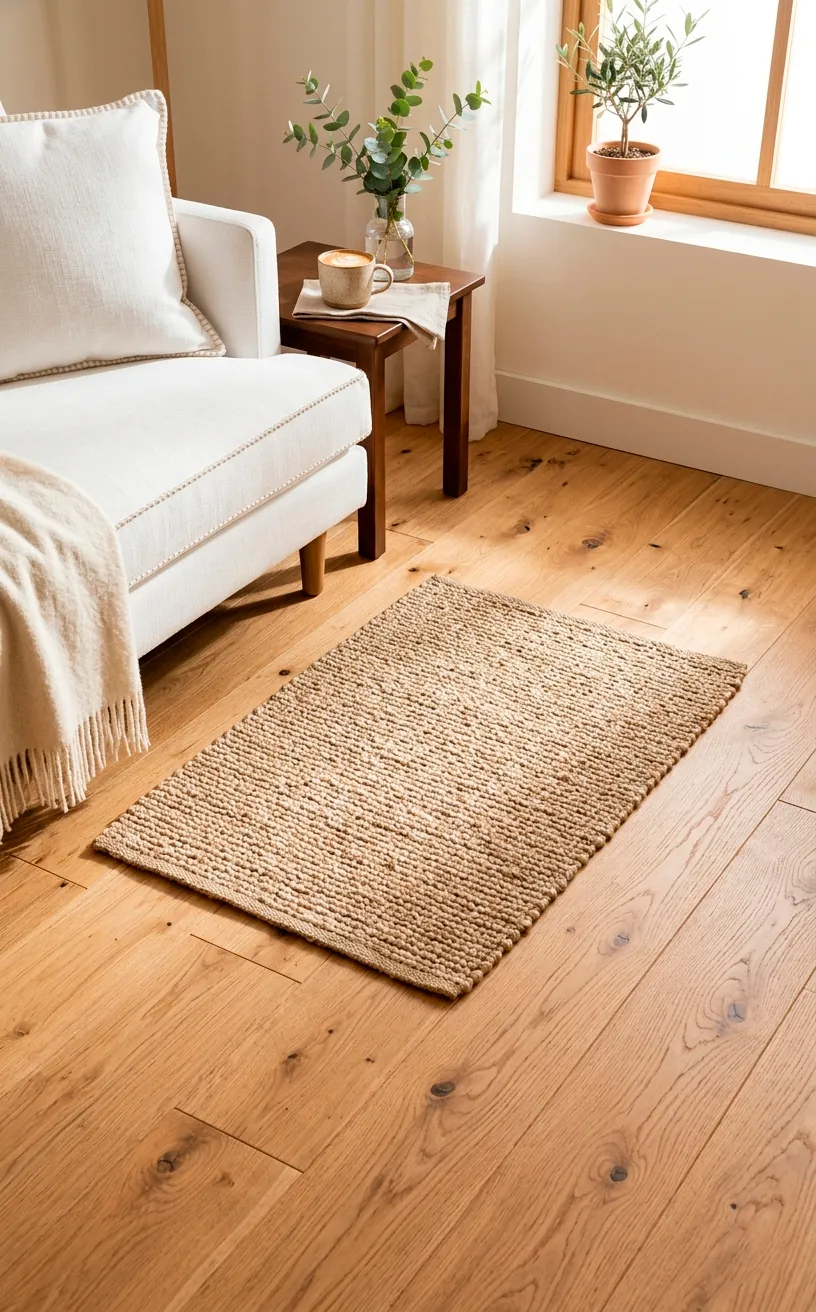 Light oak hardwood flooring in a sunlit room featuring a beige textured jute rug and the edge of a white couch.