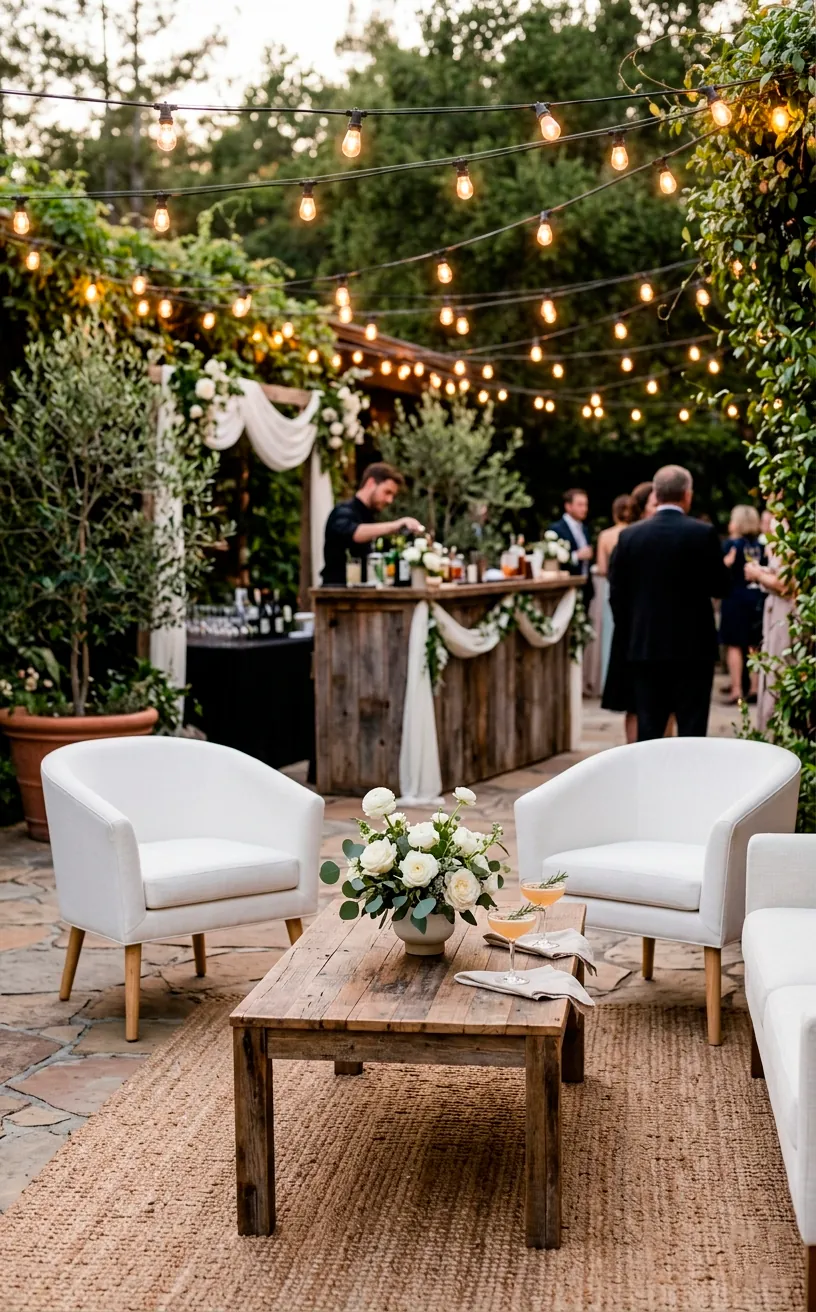 A chic outdoor wedding cocktail lounge zone with white chairs and a wooden coffee table.