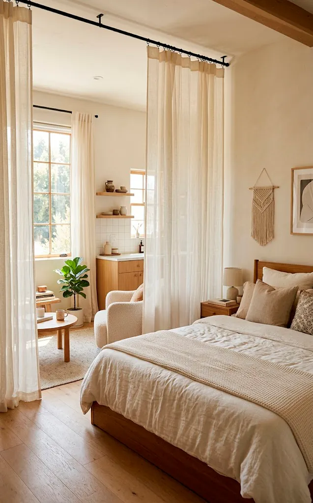 Sheer ivory linen curtains acting as a soft room divider in a studio apartment