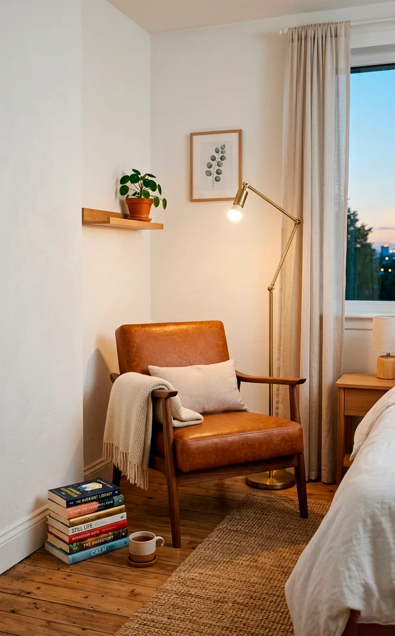 Caramel leather mid-century chair and brass floor lamp in a minimalist bedroom reading corner.