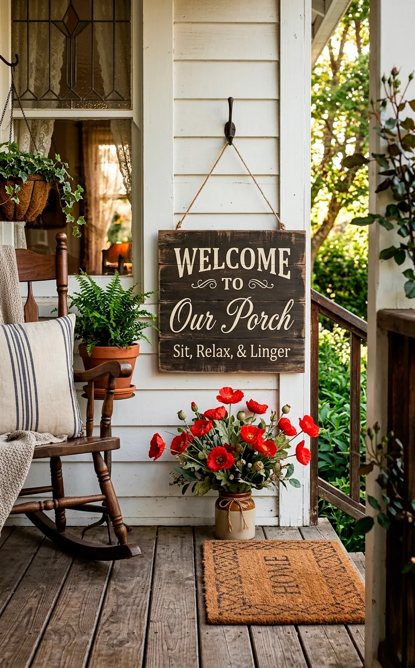 Sturdy wooden sign with elegant typography anchored by artificial red poppies on a beautiful front porch