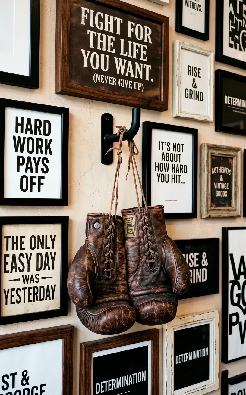 Vintage leather boxing gloves hanging on a gym gallery wall among framed quotes.