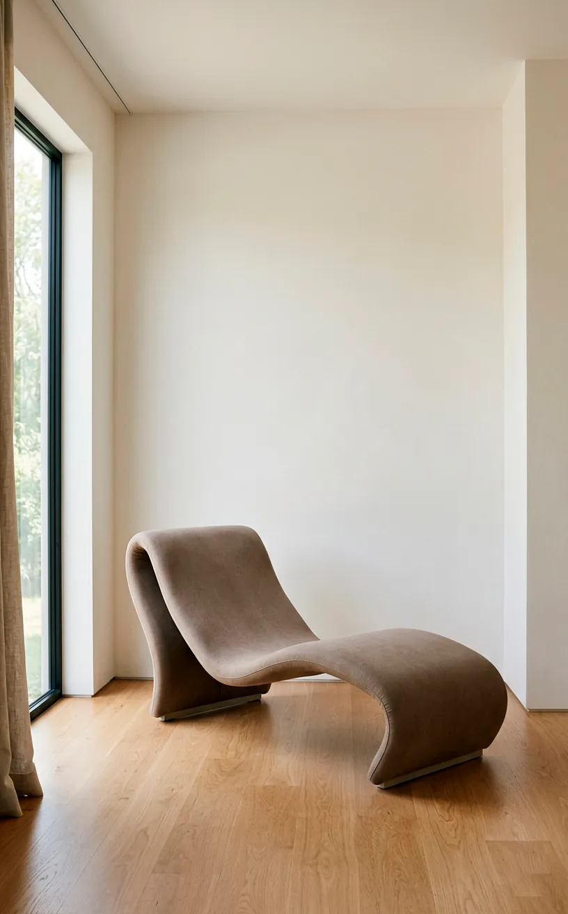 Sculptural taupe chaise lounge placed diagonally in a bare minimalist living room corner.