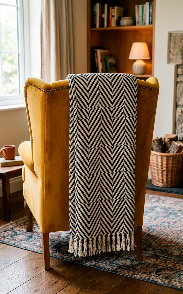 Black and cream geometric chevron blanket draped over a mustard-yellow wingback chair