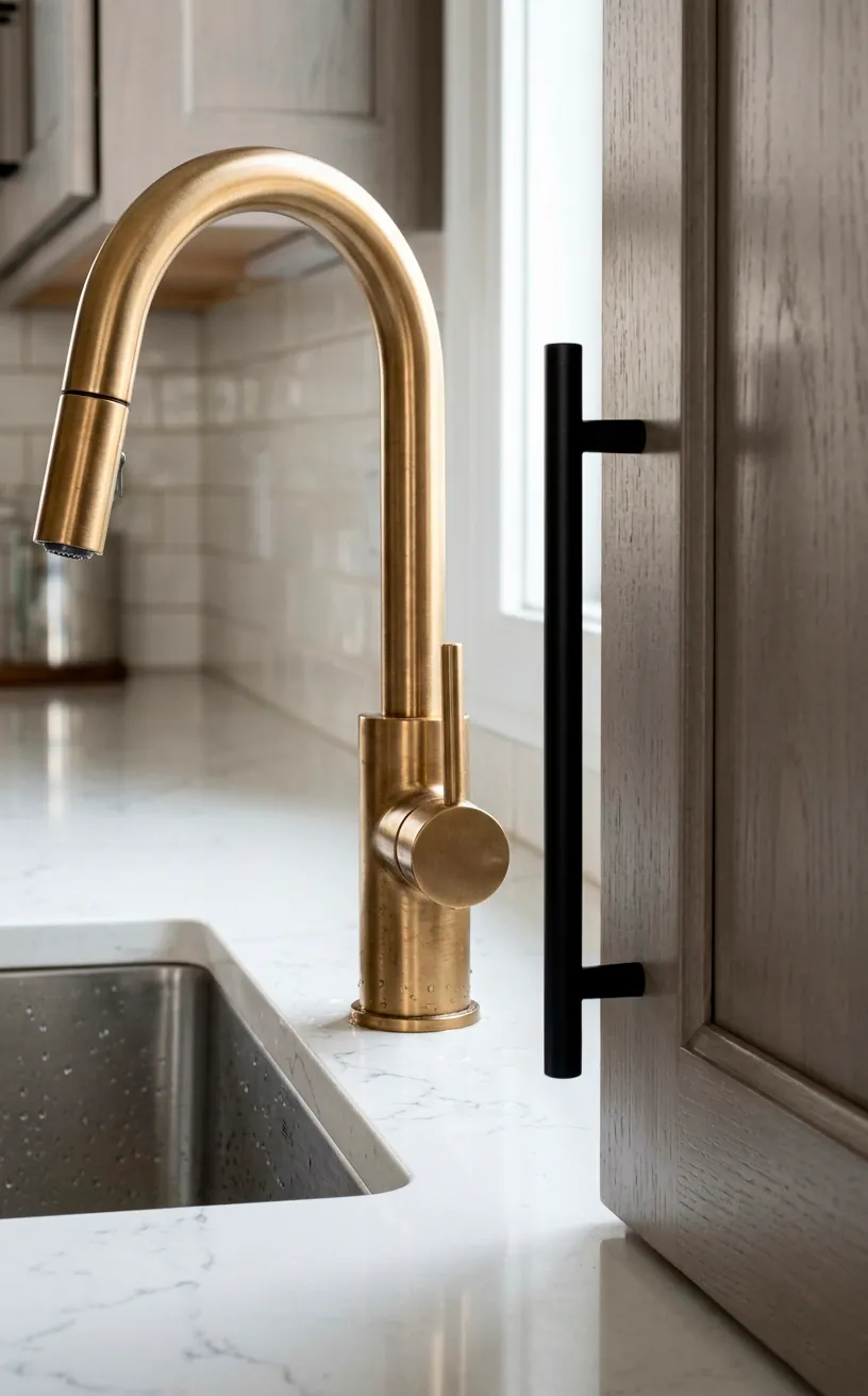 Mixed metal kitchen hardware featuring brushed brass and matte black.