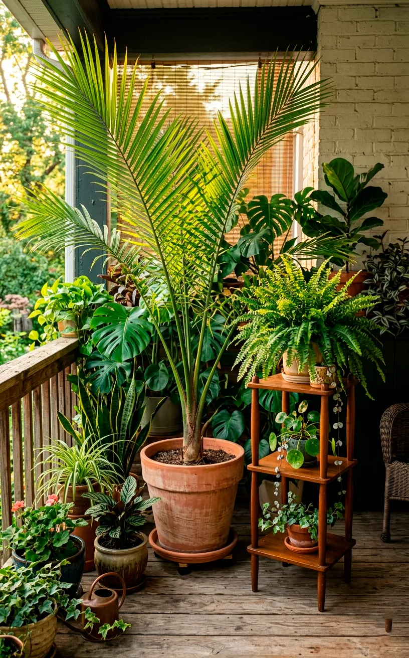 Lush summer porch corner featuring a tall majesty palm and a potted fern catching golden afternoon sunlight.