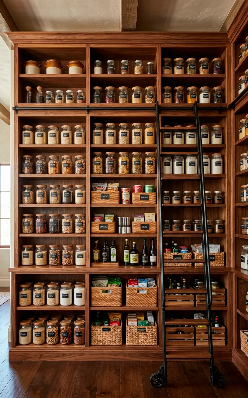 A towering floor-to-ceiling walnut pantry featuring a black metal rolling library ladder for access.