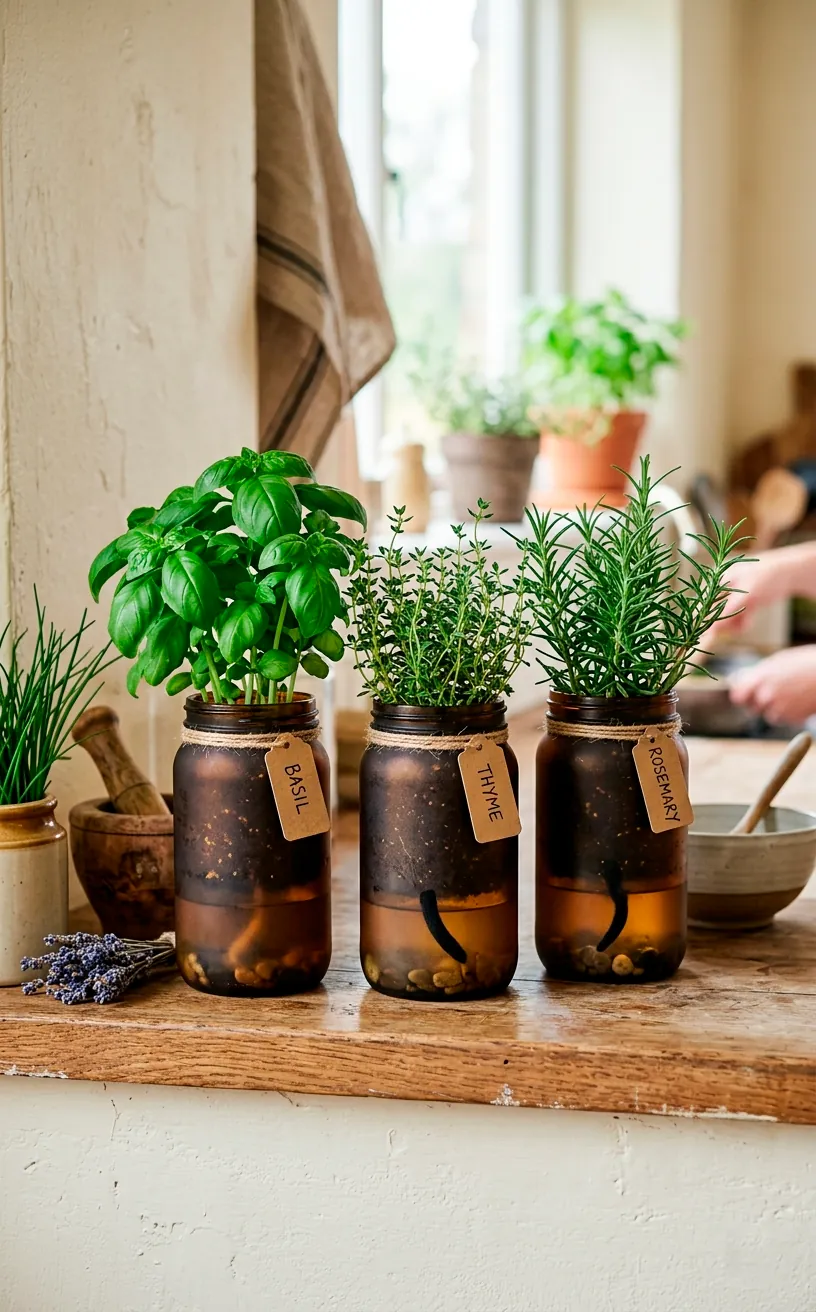 Frosted glass jars used as wicking self watering planters on a wooden kitchen shelf.