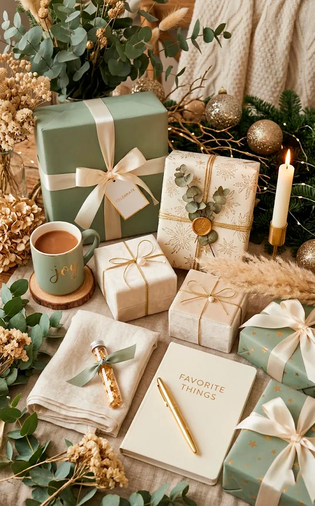 Color-coordinated gift basket items in cream and sage green