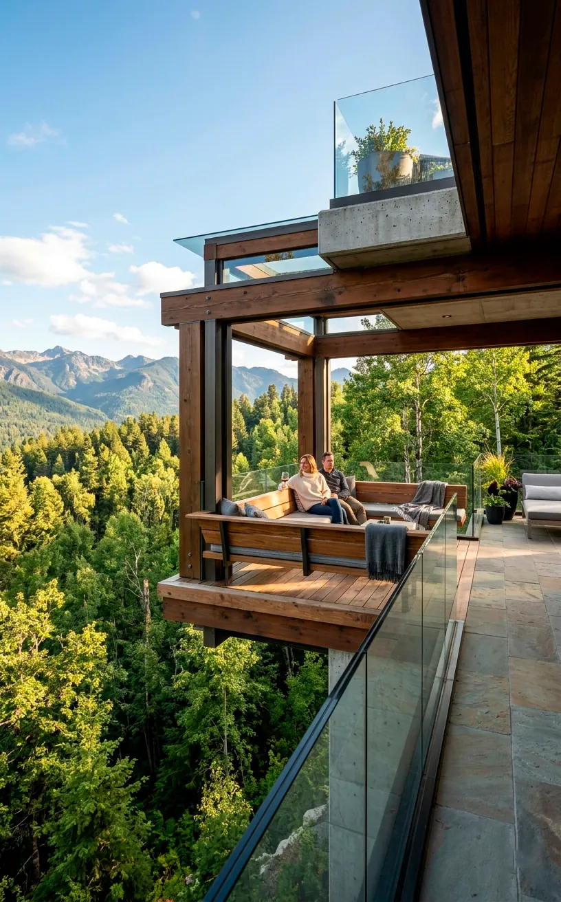 Floating cantilevered wooden bench projecting over the edge of a luxury deck.