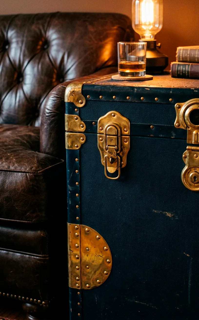 Dark blue vintage suitcase side table showing heavy brass hardware details.