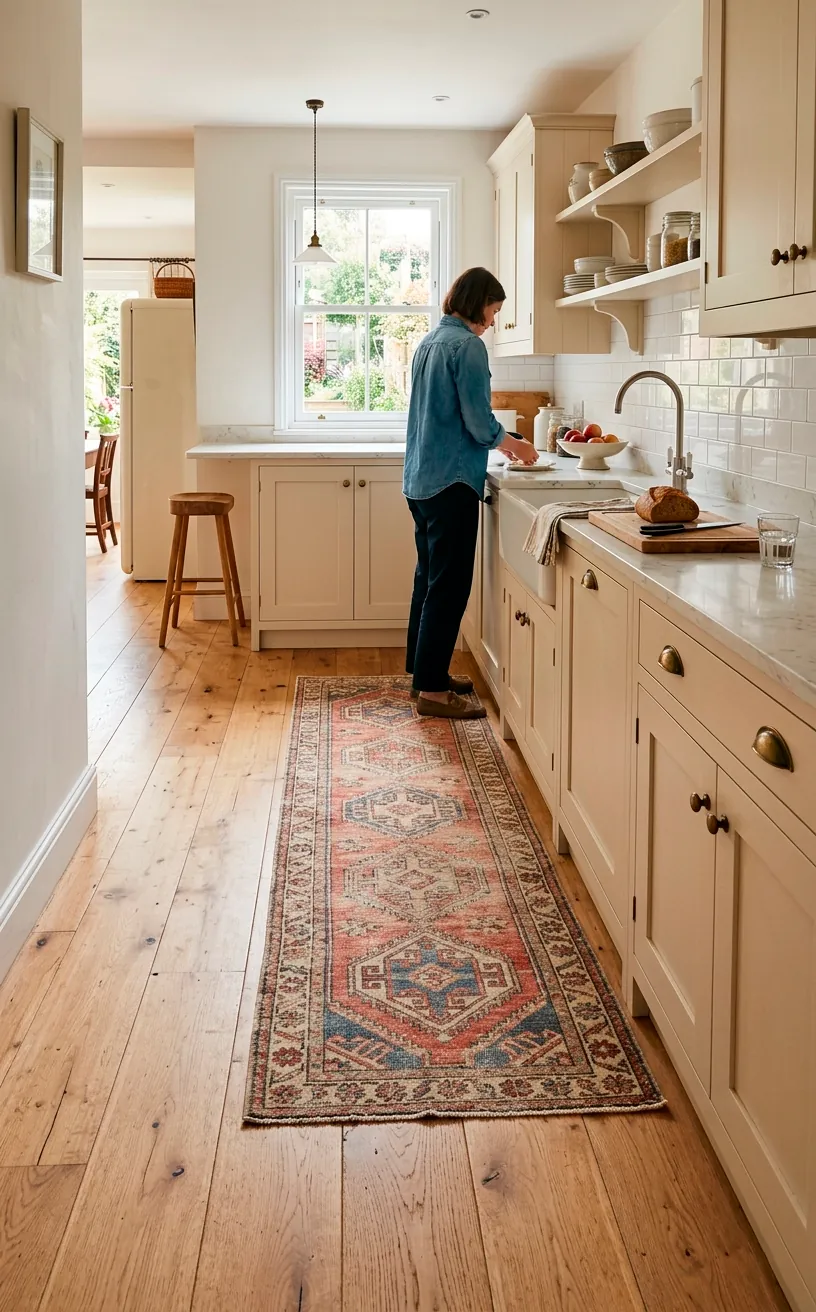 Wide-plank light oak hardwood floor with a vintage runner rug.