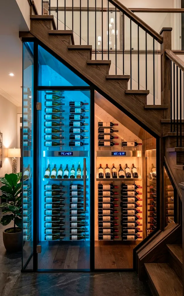 Dual zone temperature wine cellar under stairs split into cool and warm sections