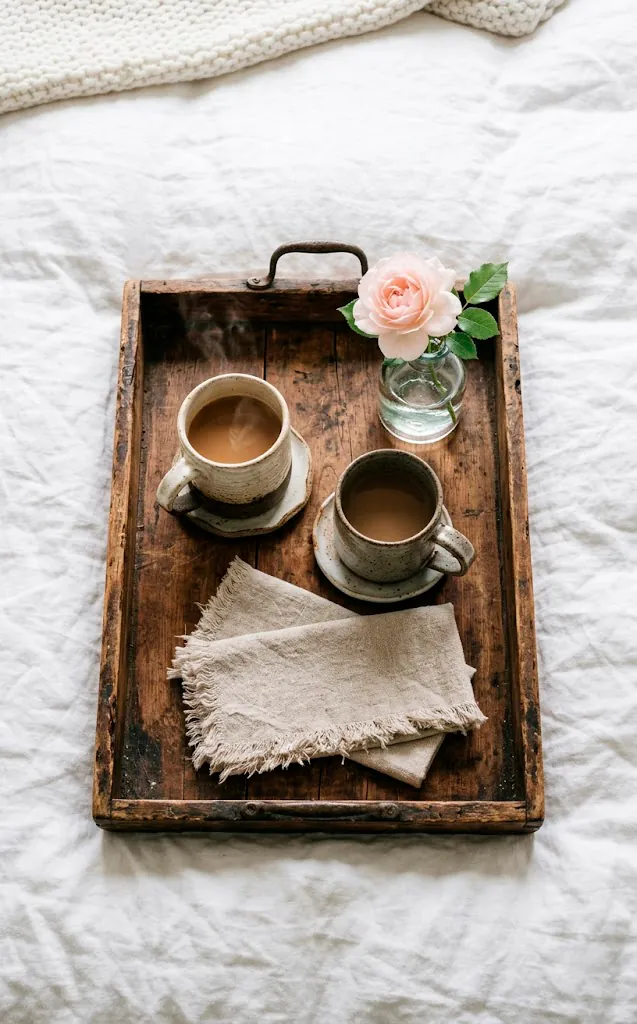Distressed wooden serving tray on a bed with mugs and a single rose.