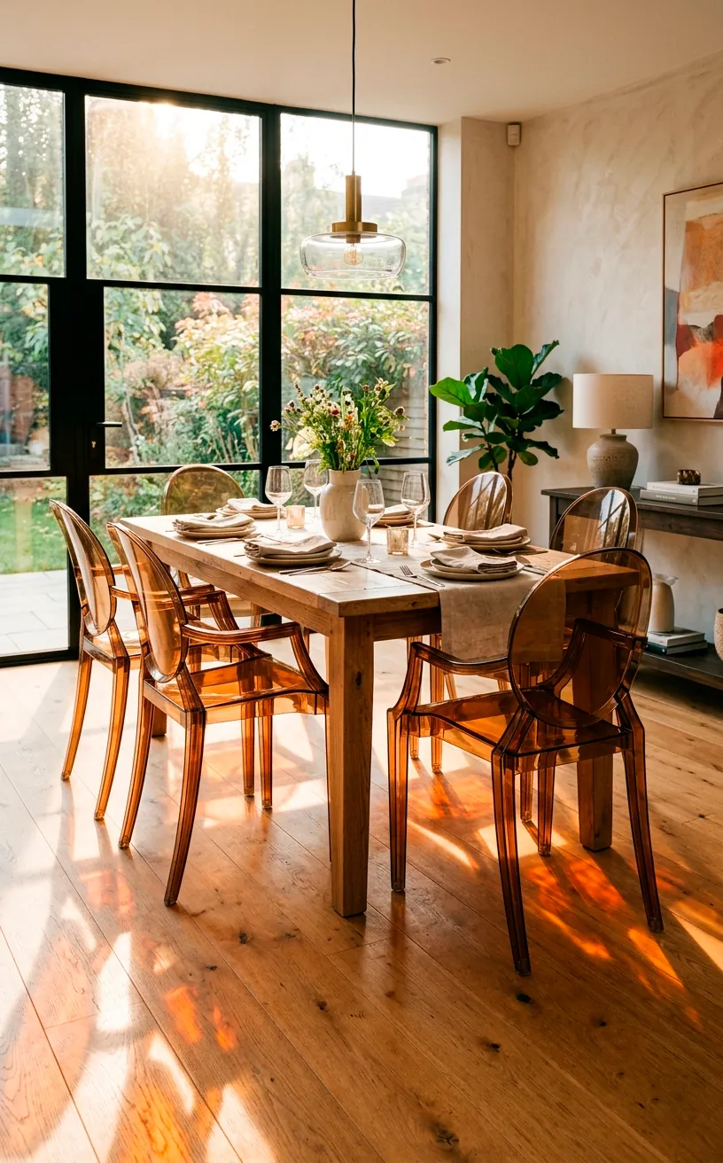 Transparent smoky amber acrylic dining chairs around a modern minimalist table.