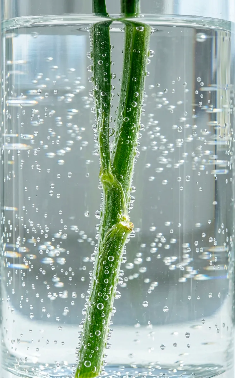 Close-up of clear water and a green flower stem inside a glass vase