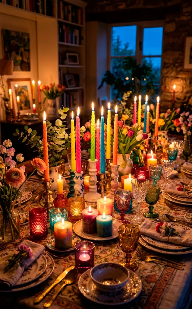 Maximalist spring table illuminated by dozens of colorful twisted taper candles and glass votives.