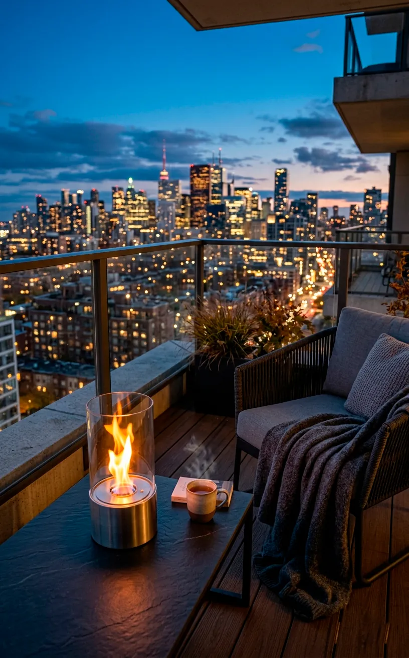 Modern cylindrical bioethanol tabletop fireplace on a sleek outdoor balcony coffee table