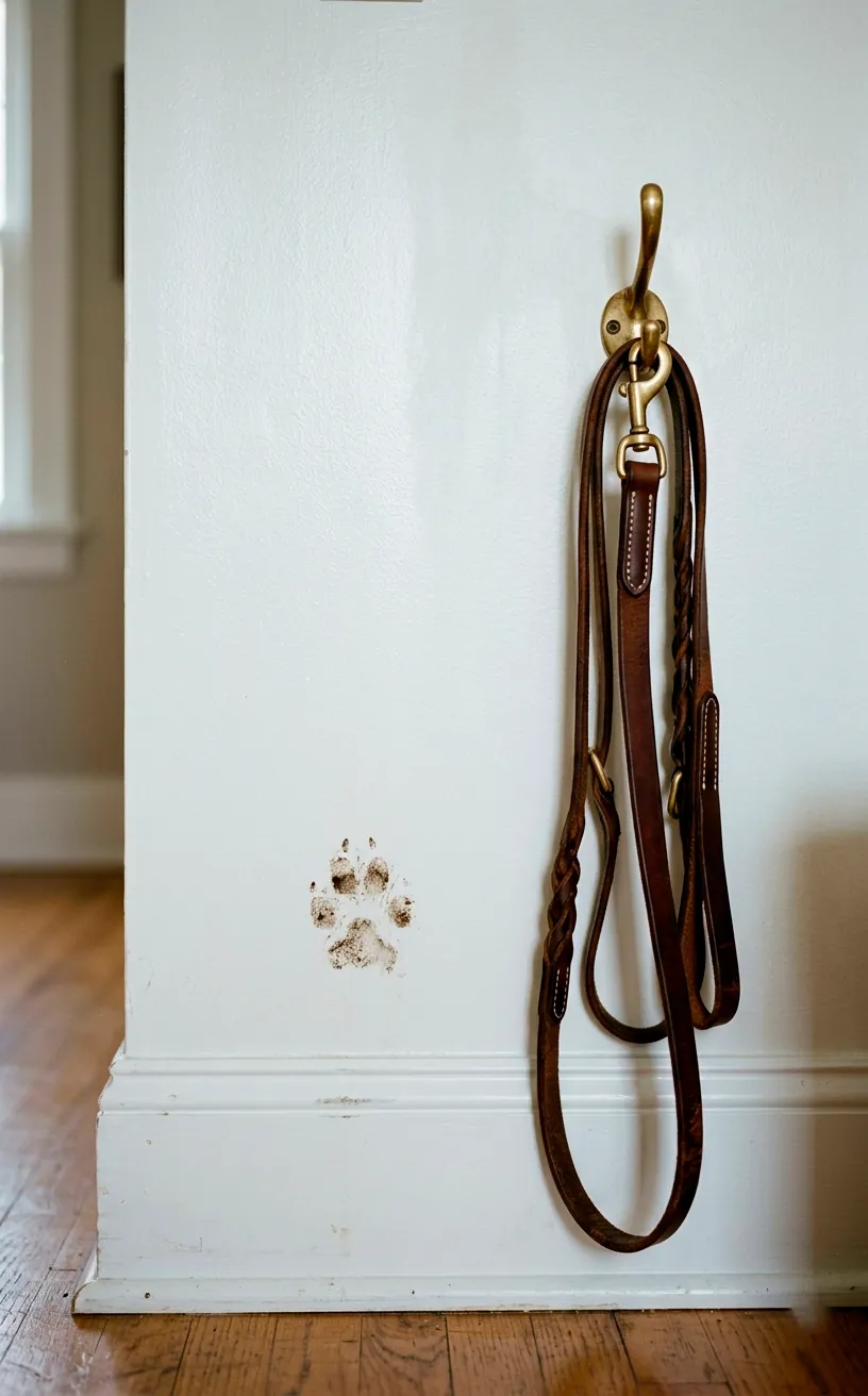 White satin finish wall in a bright hallway with a leather dog leash hanging on a brass hook.