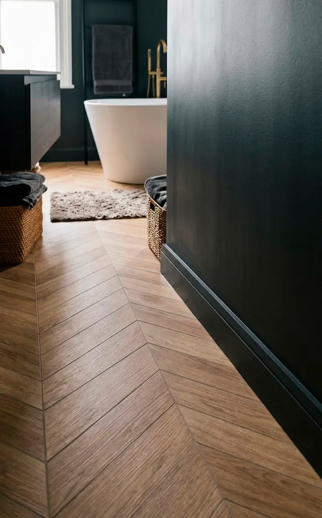 Chevron pattern wood-look porcelain tiles on a bathroom floor meeting a dark charcoal wall.