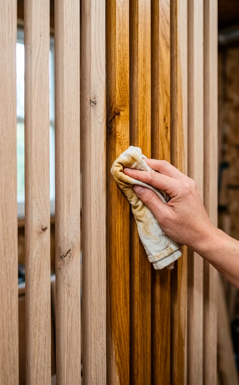 Close-up of natural hardwax oil being applied to a raw oak wood wall slat, enhancing the grain.