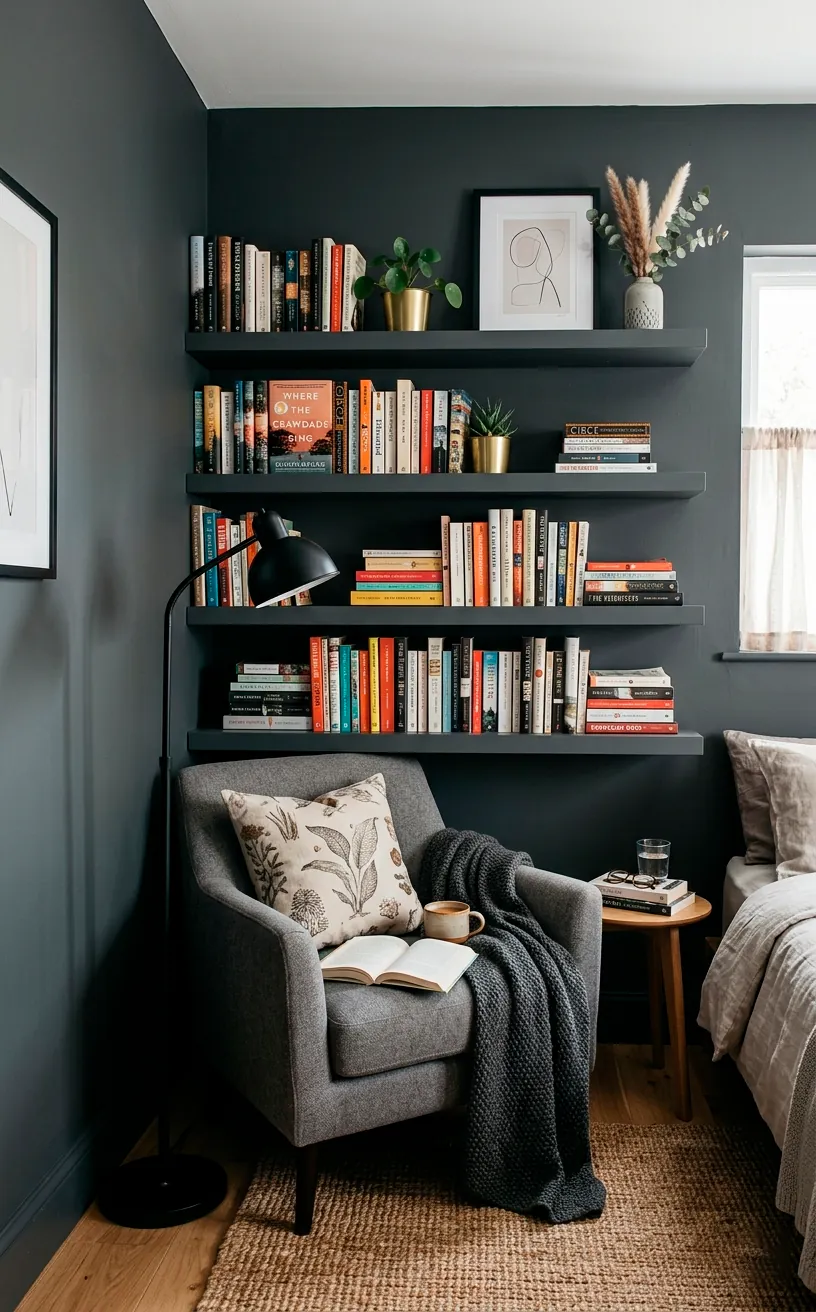 Sleek grey-painted floating shelves holding books above a reading chair