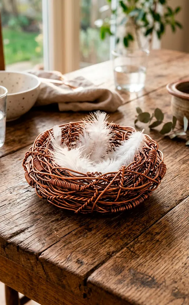 Copper wire bird nest with faux white feathers on a rustic table.