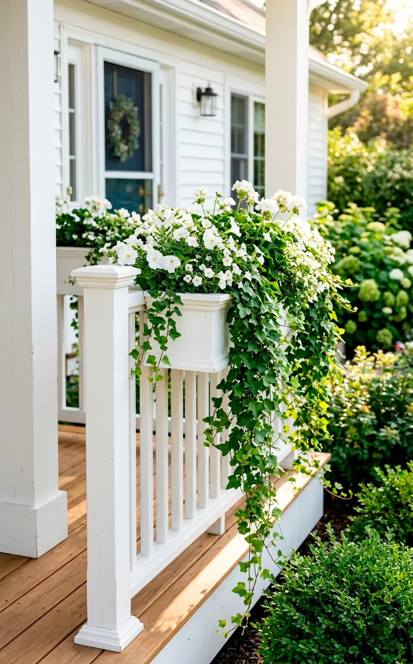 Built-in white wooden planter boxes overflowing with lush green vines on a white porch railing.