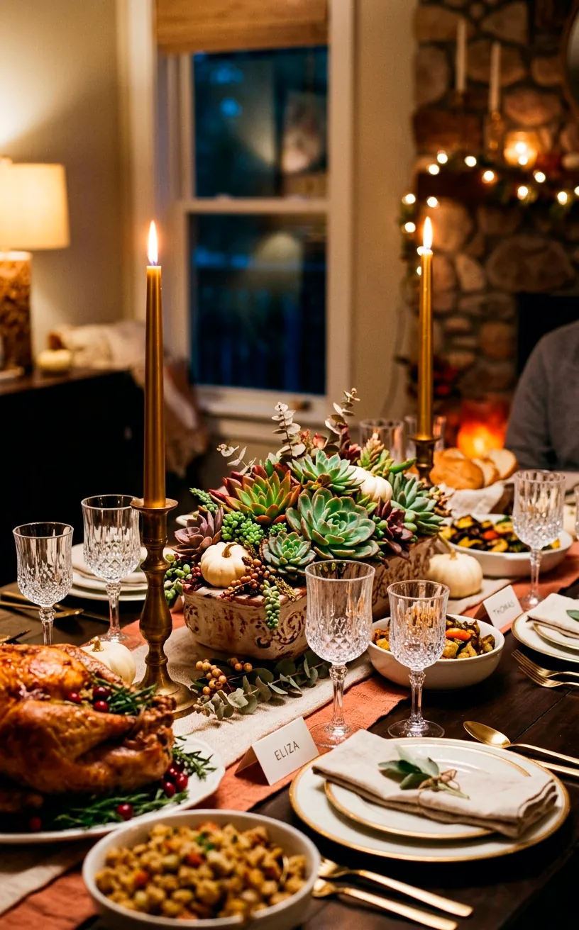 Lit taper candles casting a warm glow on a succulent centerpiece on a Thanksgiving dining table.