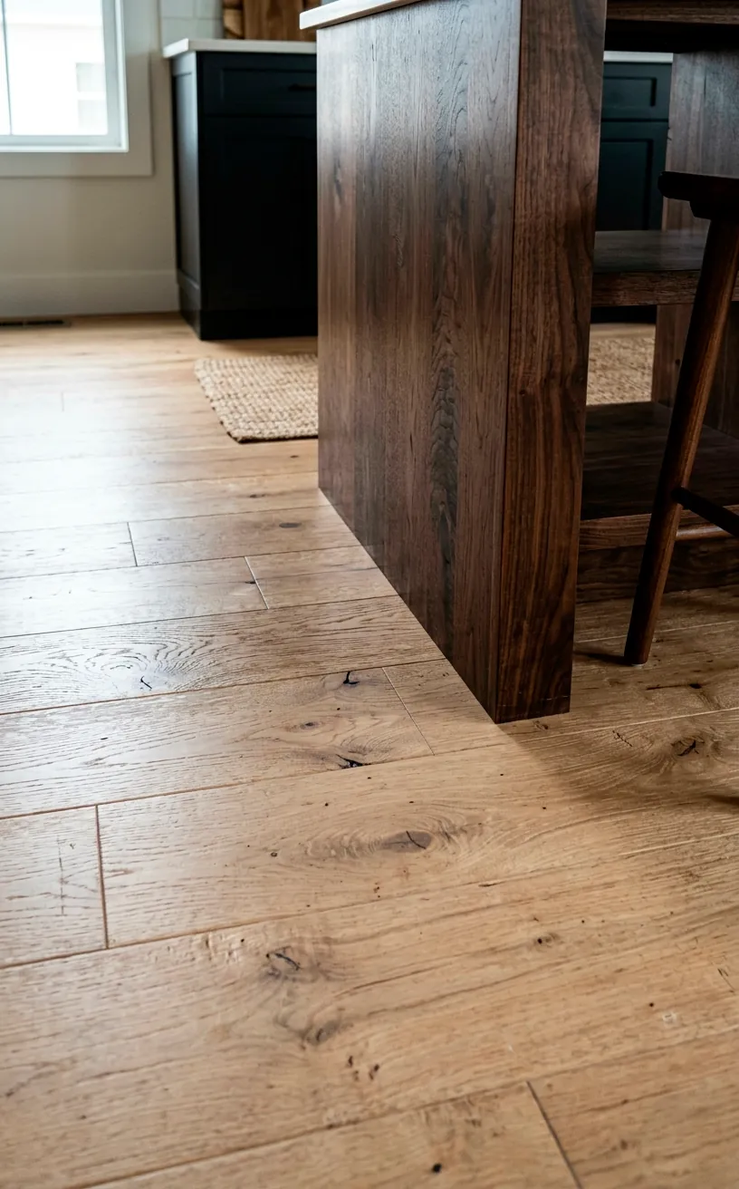 Beautiful contrast between wide-plank light white oak flooring and a deep dark walnut wood kitchen island base.