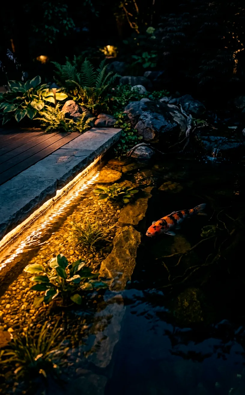 Koi fish resting in a dark shadow zone of a partially illuminated modern pond