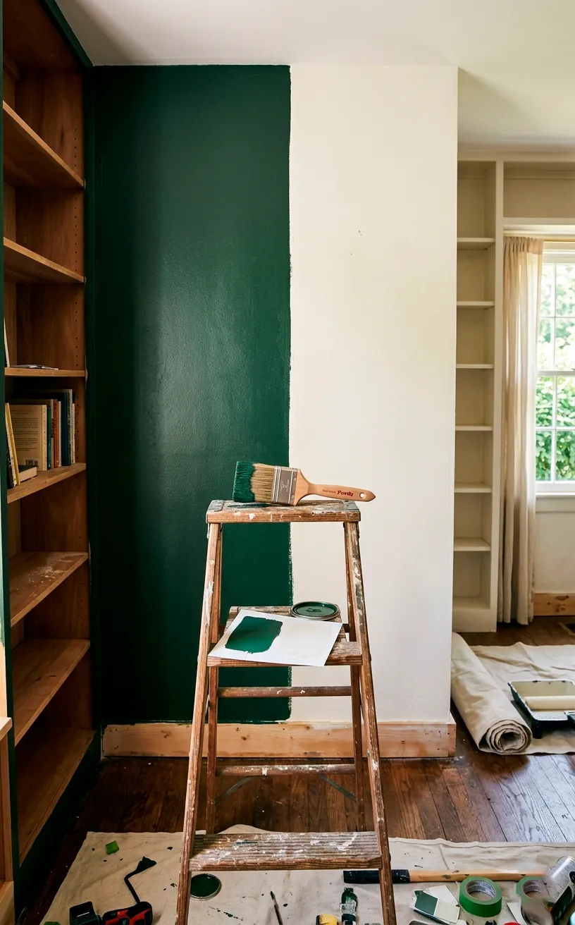 Home library wall partially painted in dark forest green and soft linen white.